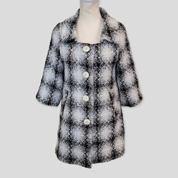Doki Geki Women's Plaid Black and White Pea Coat Jacket Wool Blend Size M - Picture 1 of 16